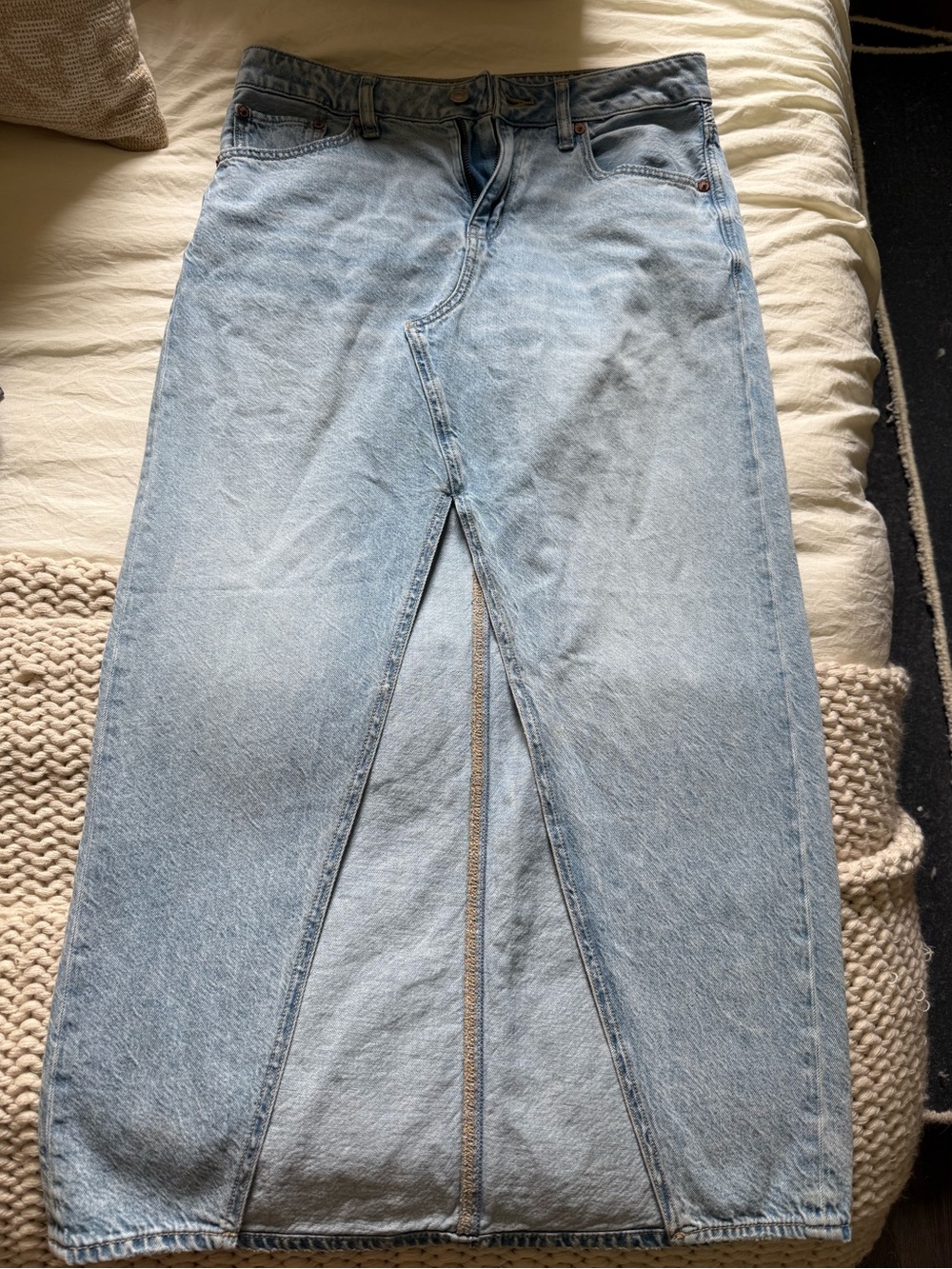 American Eagle Light Blue Denim Maxi Skirt with Front Slit Size 2